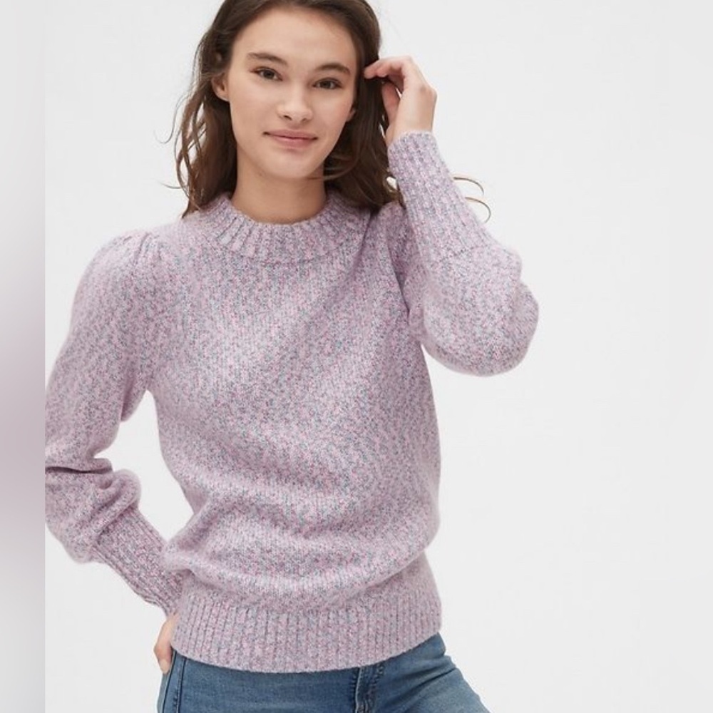 GAP Crew Neck Puff Sleeve Soft Cotton Blend Purple Marle Teal Sweater Pullover M - Picture 3 of 9